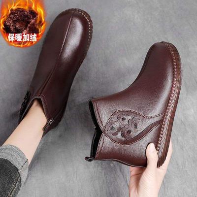 Real Soft Leather Mother Cotton Shoes Short Boots Women's Autumn and Winter Flat Heels Middle-aged Winter Velvet Warm Non-slip Flat Boots Retro