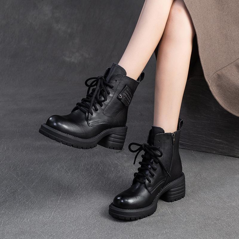 Fashion GKTINOO 2025 Genuine Leather Platform Boots Women Shoes Autumn Winter 6cm Thick Heels Ankle Boots Lace Up Zipper Ladies Pumps