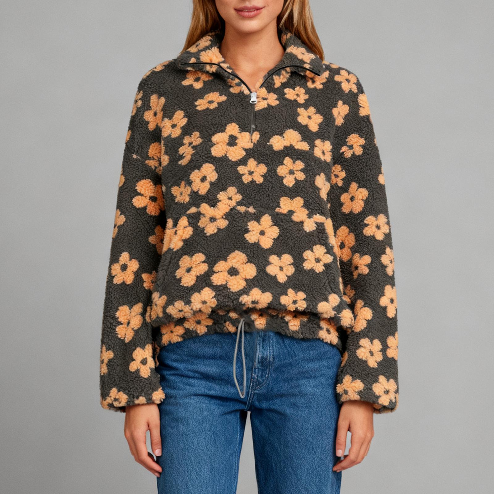 

Женский модный свитшот с круглым вырезом, длинными рукавами, милым цветочным принтом, свободного кроя, с карманом на молнии, теплый, с капюшоном L жёлтый