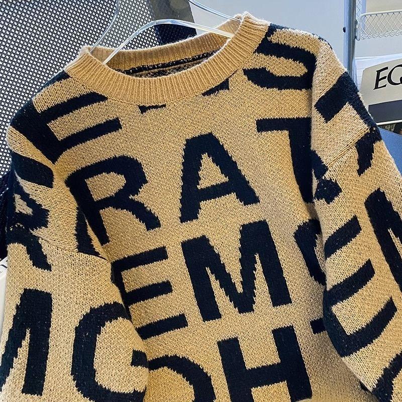 Letter jacquard outer sweater women's medium and long loose fashionable thickened warm knitted sweater