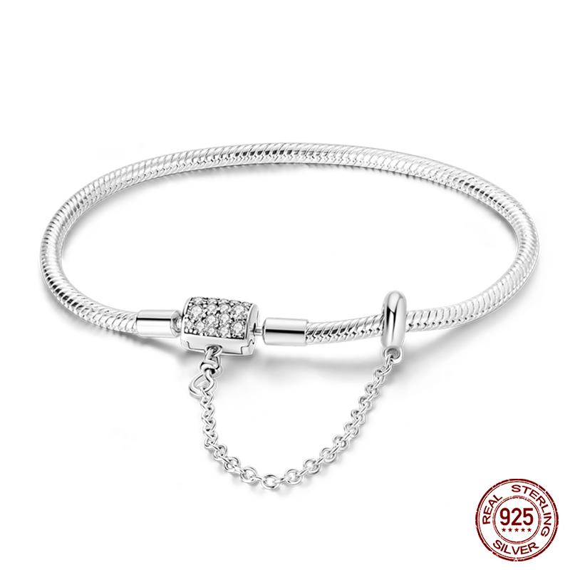 17-20CM 925 Silver Plate Pink Heart Lock Aircraft Earth Bracelet With Safety Chain Fit DIY Charms Beads Fine Birthday Jewelry