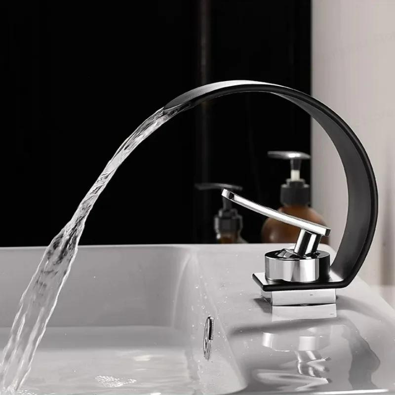 Gold Waterfall Basin Faucet Brass Bathroom Mixer Tap Hot Cold Deck Mounted Vessel Sink Faucet