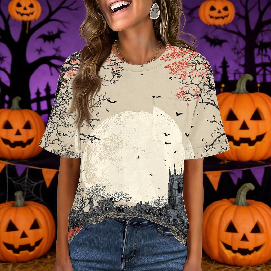 Women's Casual Short Sleeve Pullover Top Halloween Print Round Neck Pocket Design Loose Fit Comfortable T Shirt for Everyday Wear