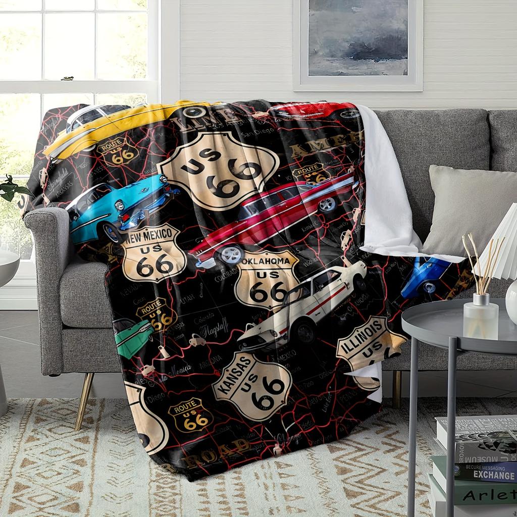 1 pc, Flannel Blanket, Vintage USA Map (Classic Cars) Pattern, Soft, Warm and Comfortable Sofa Bed Office Blanket, Lunch Blanket