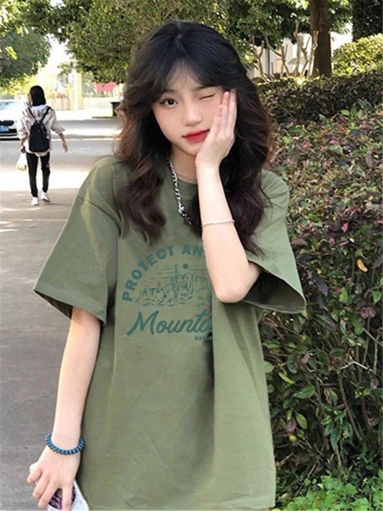 Unisex Plus Size Avocado Green Cotton Short Sleeve Korean Style Loose T-Shirt
