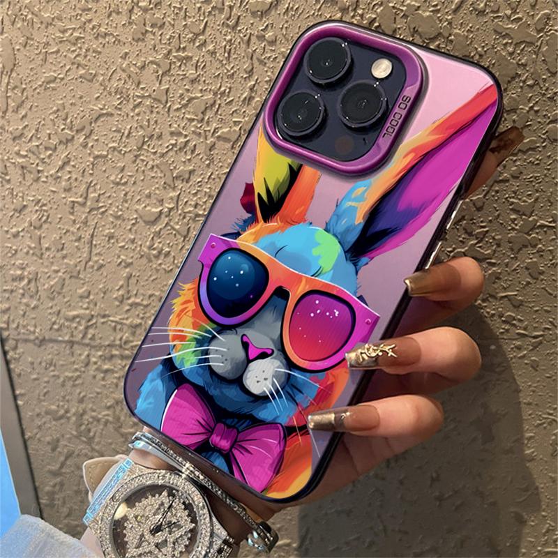 Cute Colorful Rabbit Electroplate Silver IMD Case For iPhone 15 14 16 Pro Max 11 12 13 Pro 7 8 Plus 16E X Shockproof Back Cover