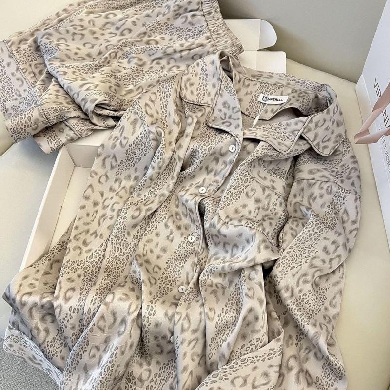 

Женский роскошный пижамный комплект из атласа с леопардовым принтом для весны/осени Extra Large серый/белый