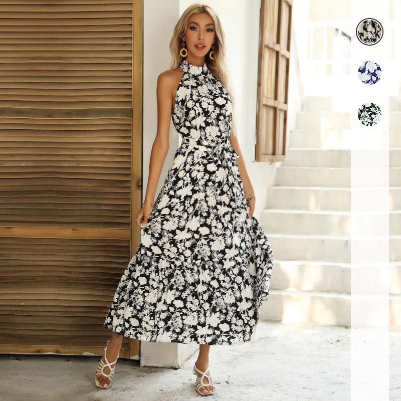 Summer French Style Hanging Neck Sleeveless Slit Print Sexy Casual Dresses