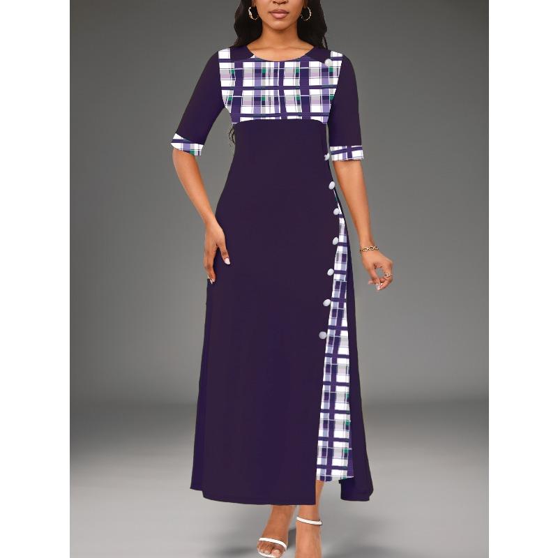 

YYFS Women s Fashion Summer Spring Plaid Print Short Sleeve POLO Neck Middle Waistline Casual Dresses XXXXXL фіолетовий