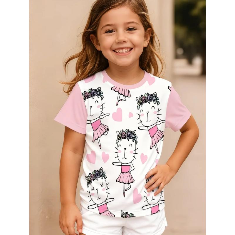 Girl Clothing Summer Kawaii Cat Graphic 3D Print T-Shirt Kids Girls Clothes Outdoor Short Sleeve Causal Children Top for Girls