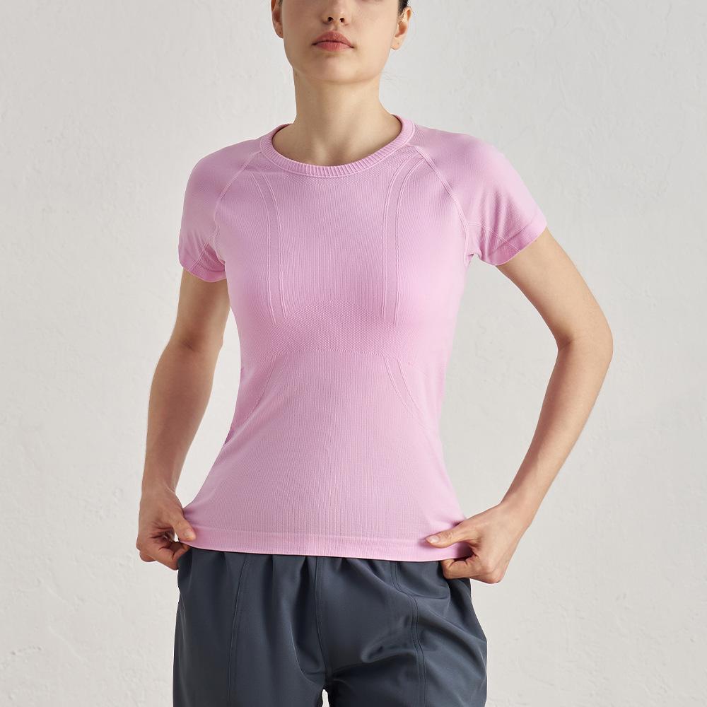 Women's Bare-Feel Yoga Top: Round Neck, Short Sleeve, Stretchy, Breathable, Seamless, Slim Fit for Pilates and Running.