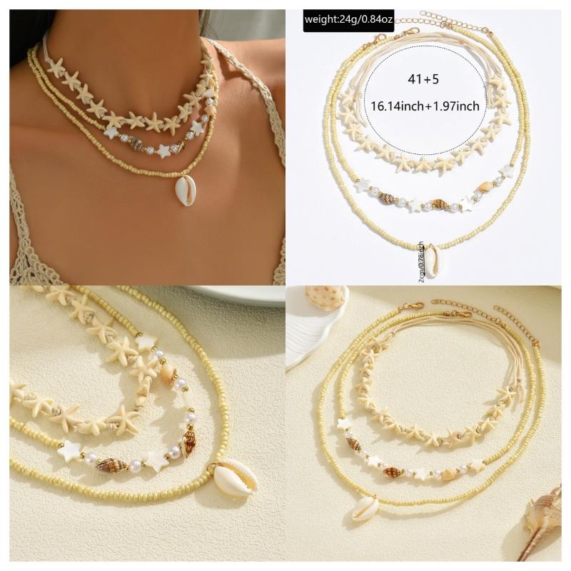 Summer Shell Starfish Conch Pendant Necklace For Women Transparent Crystal Bead Necklace Vacation Style Jewelry Accessory