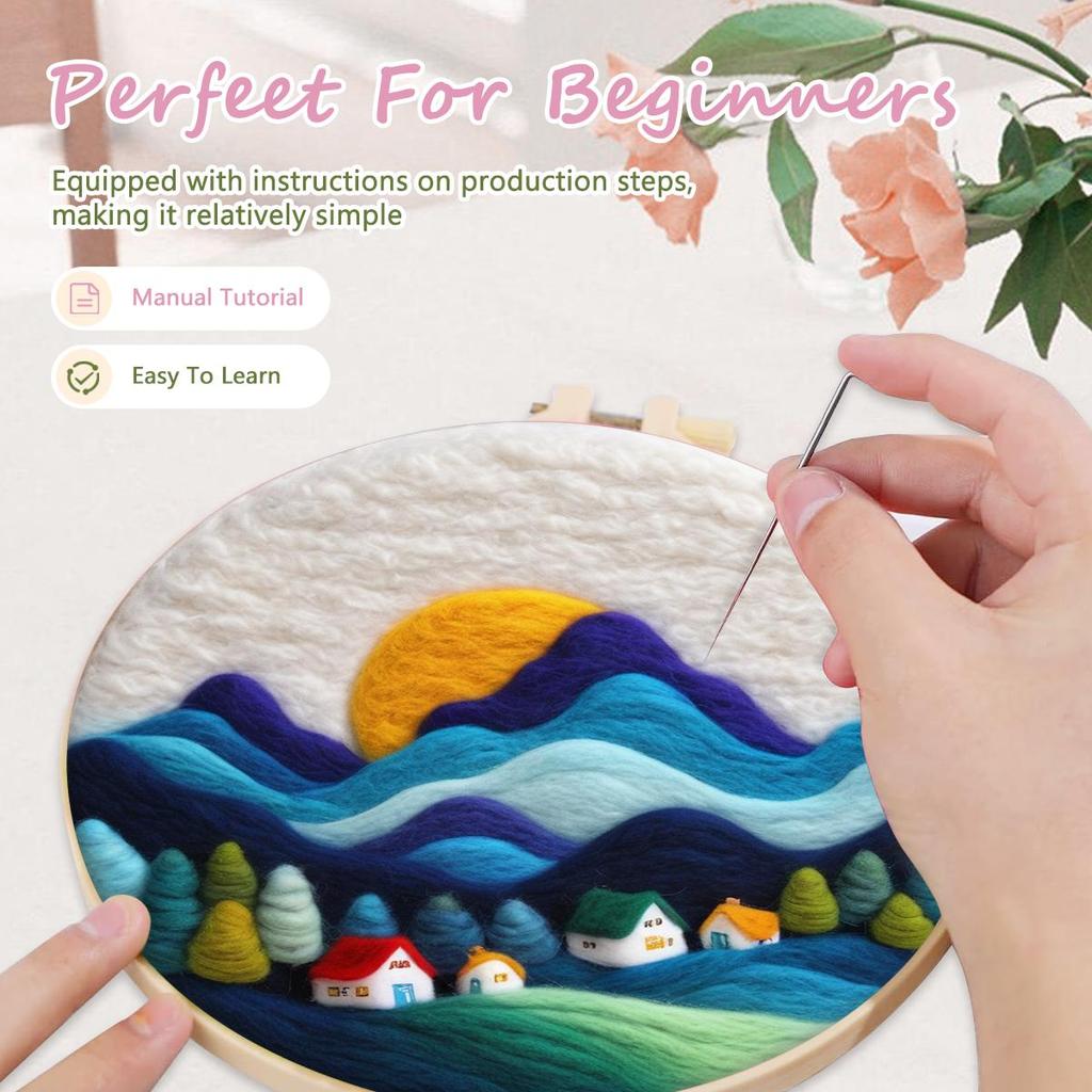 Hlison Beginner Needle Felting Kit - Rainbow Wool Set With Needles, Foam Pad, Frame & Video Guide - 8x8 Inch Felt Art Craft For Adults & Kids