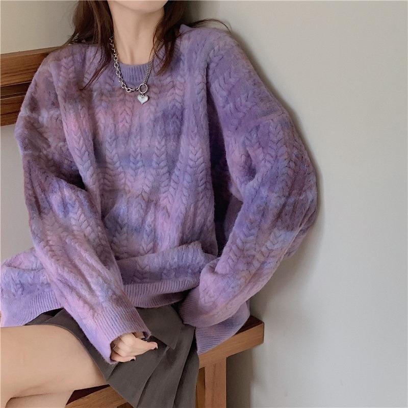 Women's Loose Outer Wear Autumn and Winter Thickened Knitted Jacket Autumn Girlfriend Couple Wear Retro Tie-dye Top