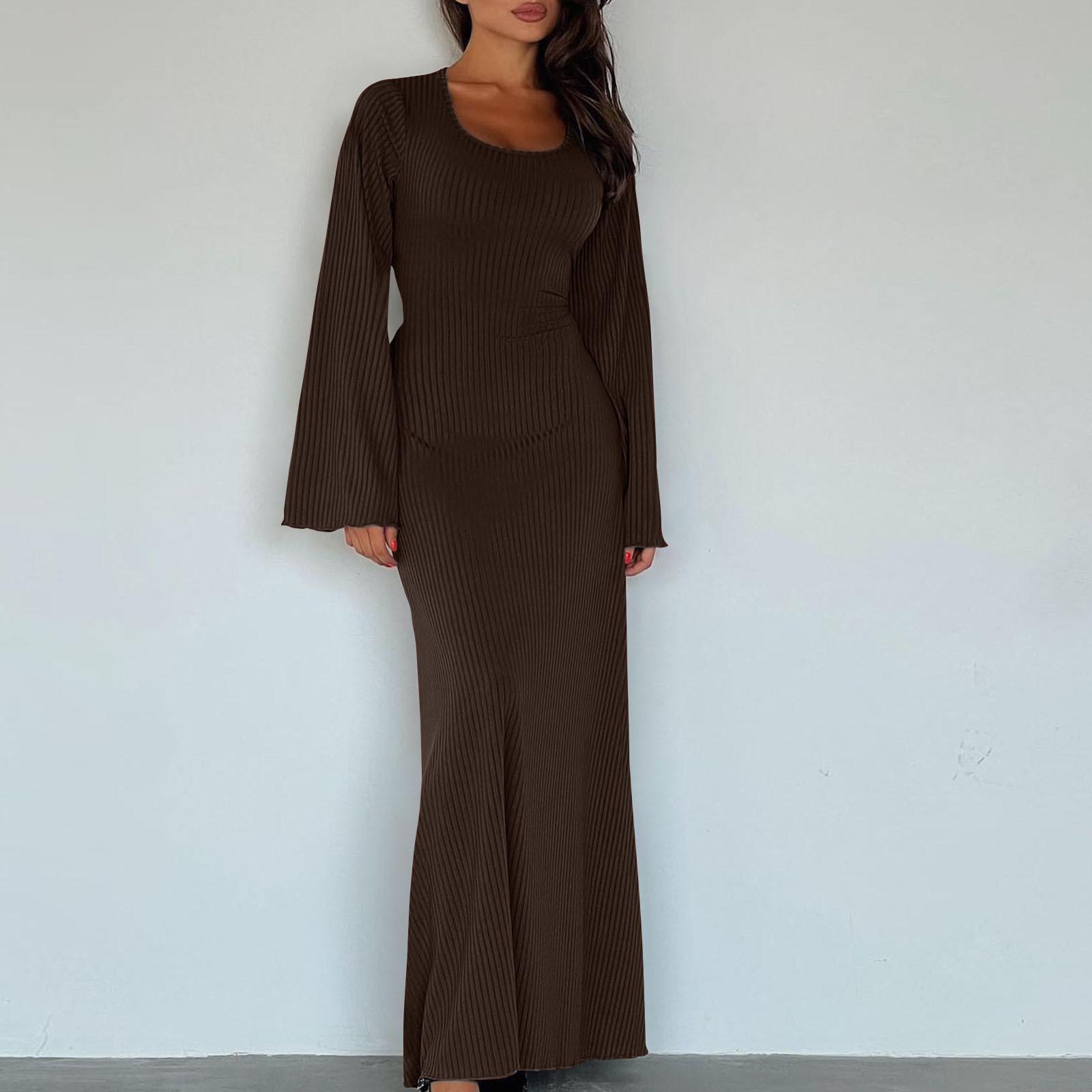 

Women s Elegant Tie-Waist Knitted Dress Horn Sleeve Maxi Dress For Women U Neck Solid Color Long Dress Ribbed Bodycon Fall Dress M коричневий