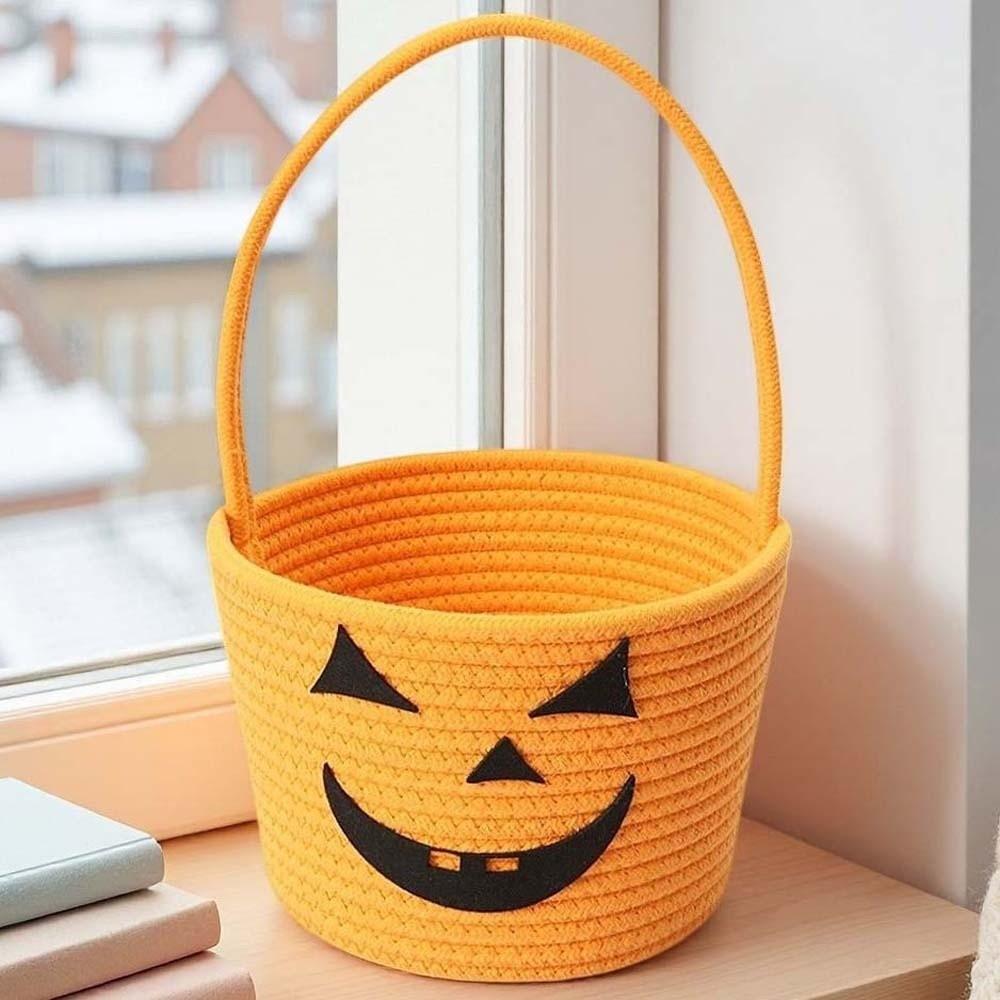 Braided Pumpkin Candy Bucket Orange Trick Treat Tote Kids Gift Hamper Woven Storage Pouch Teachers