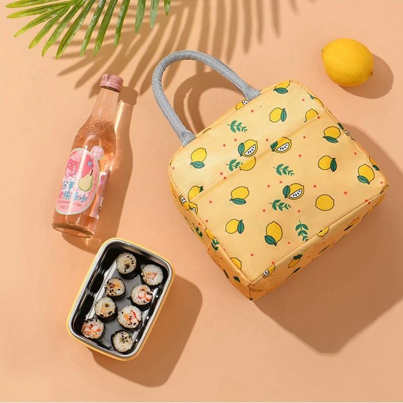 Lemon Printed Cooler Lunch Box Portable Insulated Aluminum Foil Canvas Lunch Bag Thermal Food Picnic Lunch Bags For Women Kids