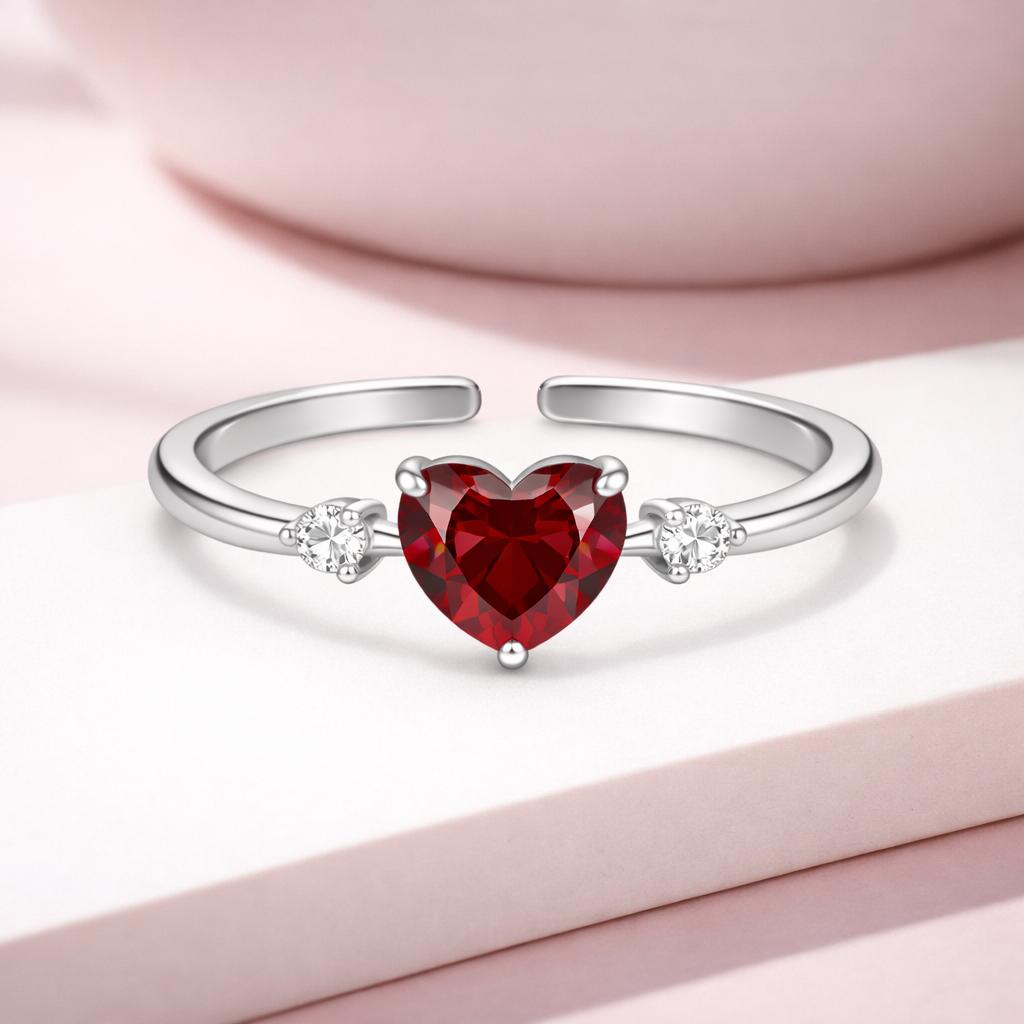 Heart Cut Red CZ Three-Stone Adjustable Ring – 925 Sterling Silver