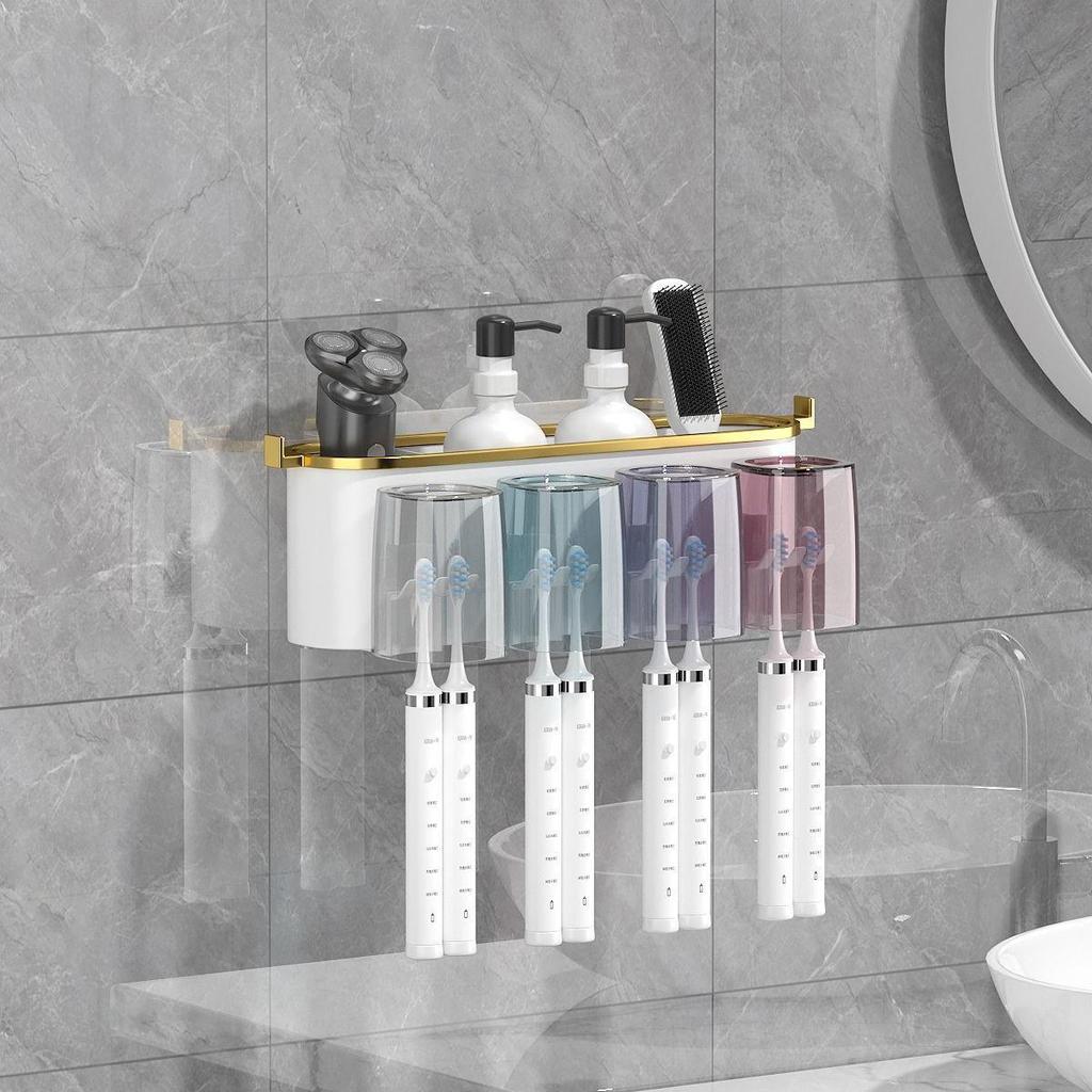 Gold-Plated Wall-Mounted Toothbrush & Mouthwash Holder Set, Punch-Free Installation