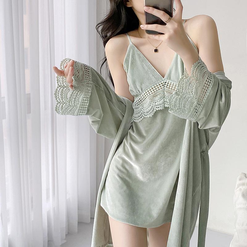 Women's pajamas spring and autumn new golden velvet suspender nightgown two-piece set luxury noble loungewear can be worn outside