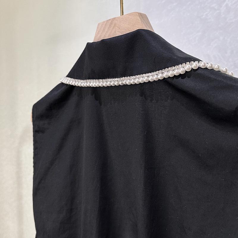 Black Hepburn Style Pearl Trim Vest & High Waist Skirt Set