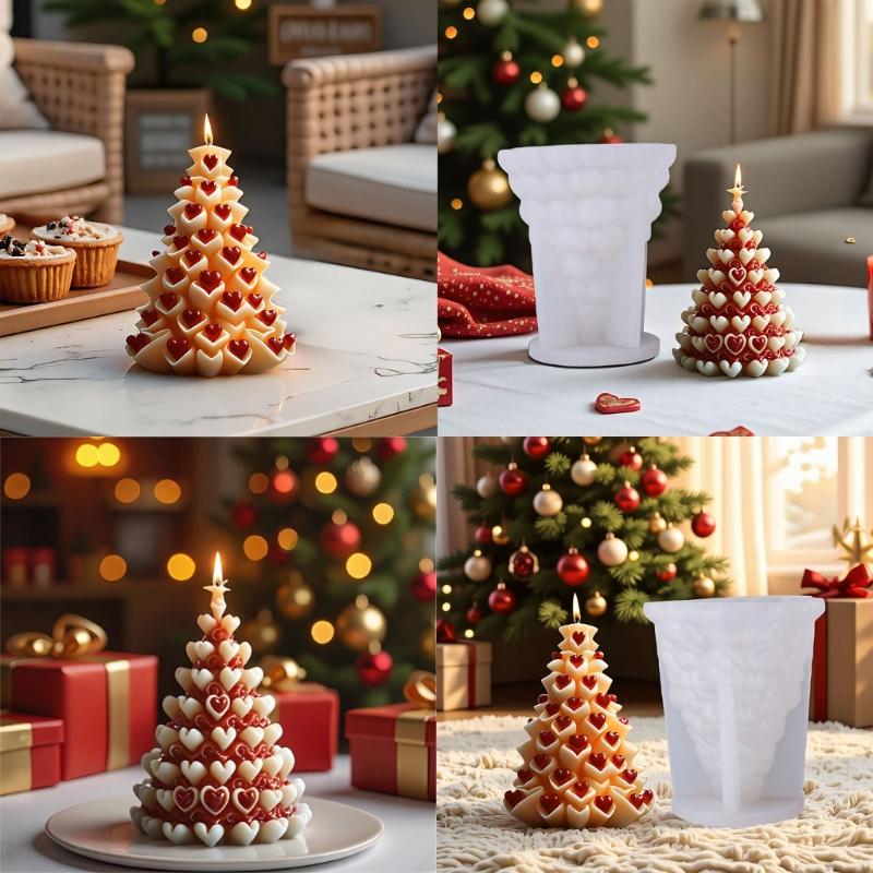 Heart Carved Christmas Tree Shape Silicone Molds for Candle Soap Christmas Candle Silicones Mould For Holiday Decoration