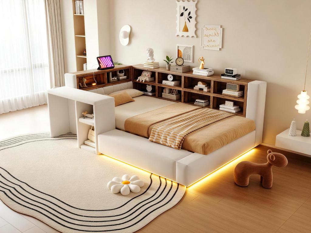 Upholstered Bed 90 X 200 Cm, With Multi-Level Storage, LED Lighting, Integrated Sockets In the Headboard, Side Table, Upholstered Backrest, Beige