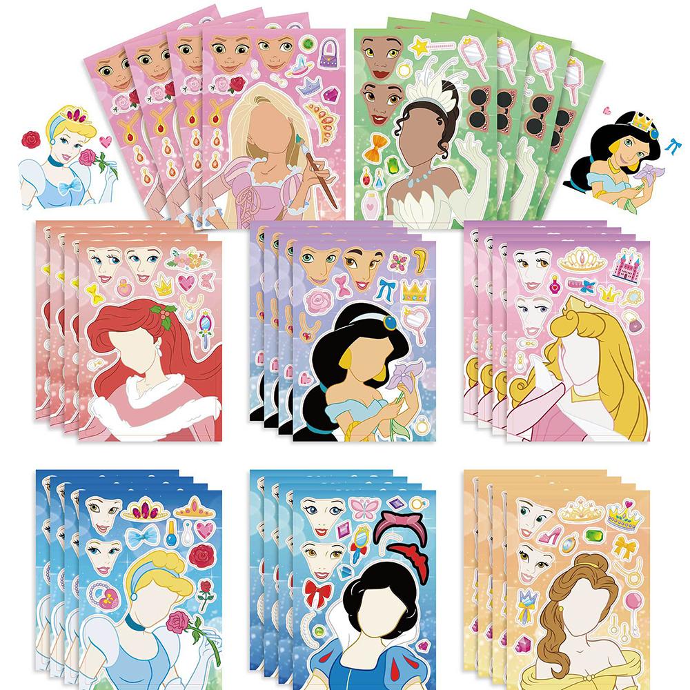 8/16sheets  Cute Princess Puzzle Stickers Make a Face Funny Assemble Jigsaw Children DIY Cartoon Decals Toys Gifts