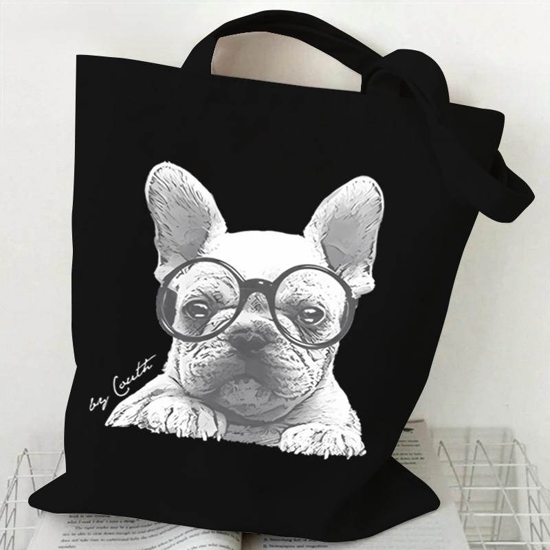 French Bulldog Heart Print Women's Handbags Animals Lover Design Canvas Shopping Bag Women French Bulldog Reusable Shoulder Bag