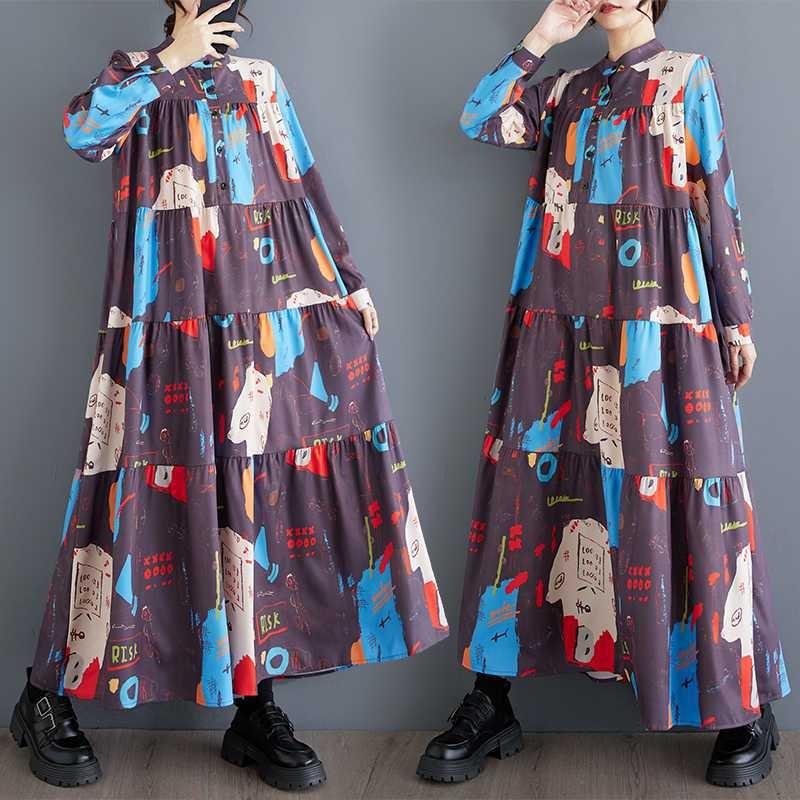 

Large Size Loose Slim Fashion Long Sleeve Printed Midi Dresses One Size