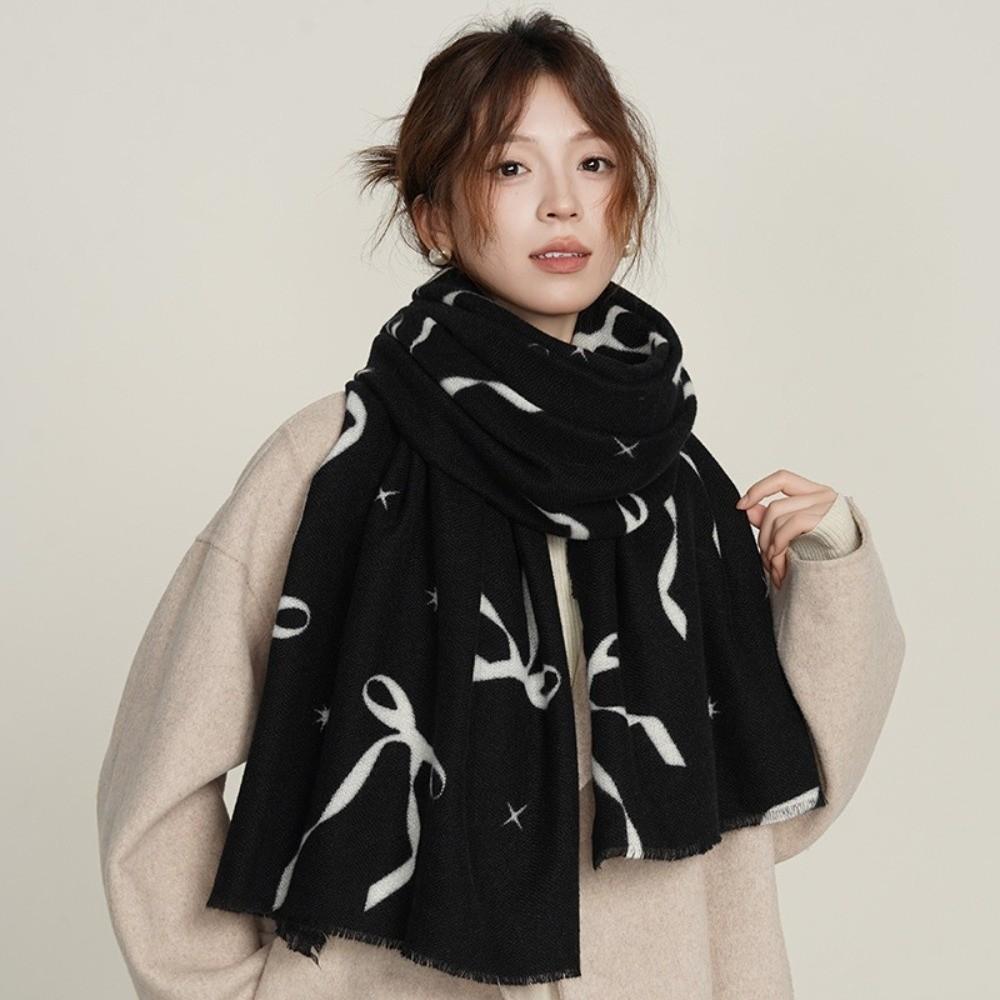Thicken Bow Wool Scarf Printed Women Cashmere Shawl Soft Winter Cashmere Scarves Office