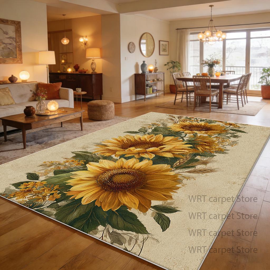 Tappeto Grande Stile Pastorale con Motivo Girasoli per Soggiorno Decorazione Piante Tappeti per Area Divano Casa Tappetino Soffice Lavabile per Giardino