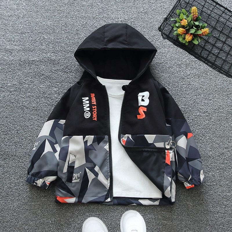 Boys Autumn Hooded Jackets Spring Kids Zipper Thin Windbreaker Coat Casual Print Girls Outerwear Children Trench Clothing 2-8Y