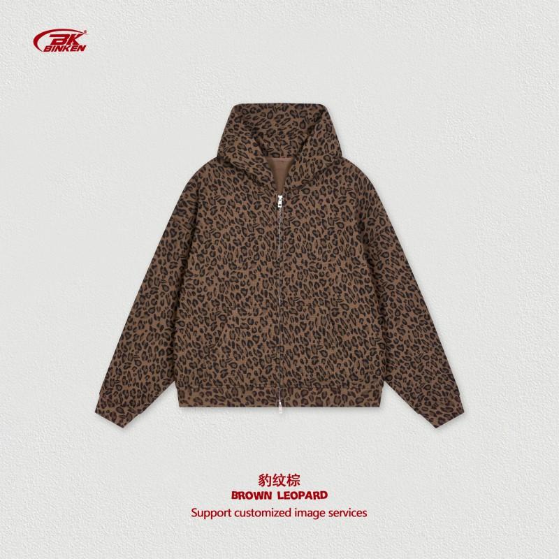 Oversized Hooded Zip-Up Sweatshirt With Leopard Print Waffle Texture Streetwear Women Men Winter