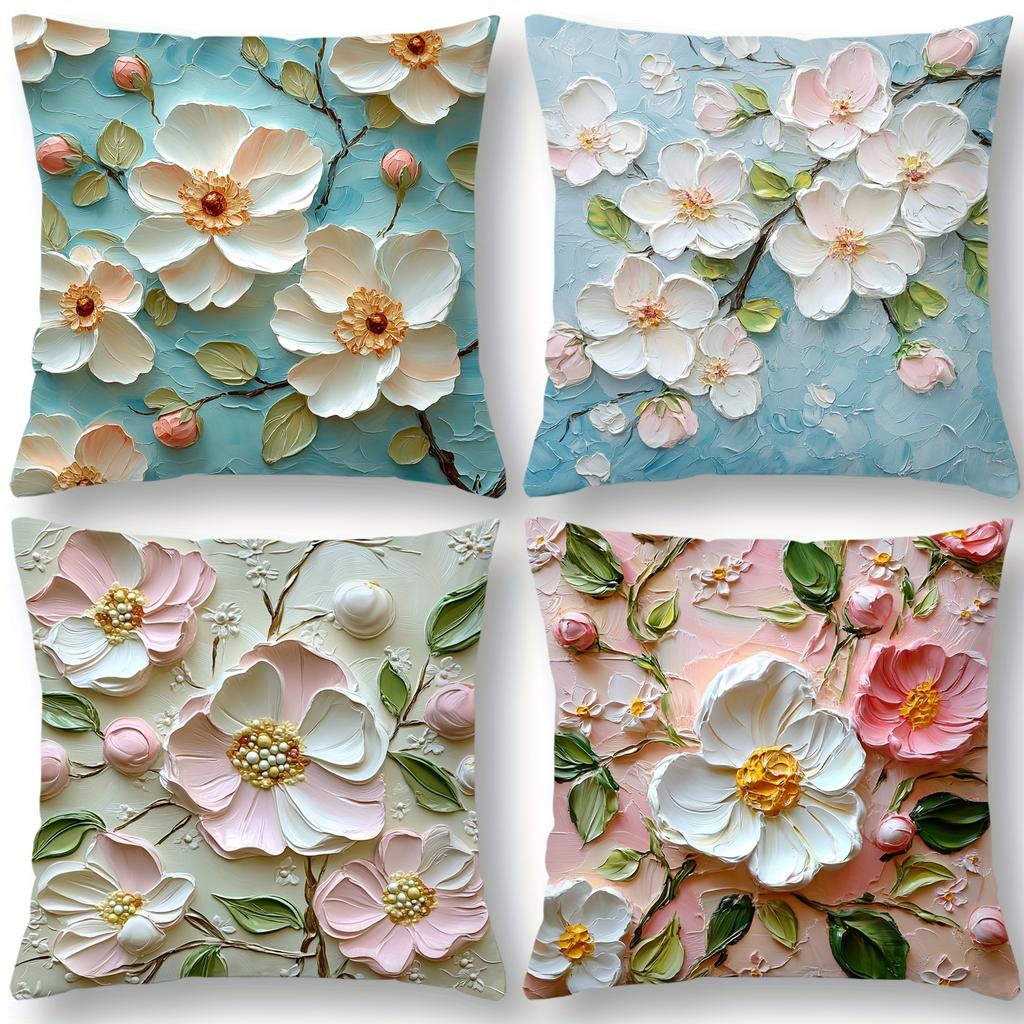 3D Floral Pillow Cover Set 2D Flat Print Artistic Home Decor Sofa Cushion Cases Stylish Functional Textured Lively Spring-Themed