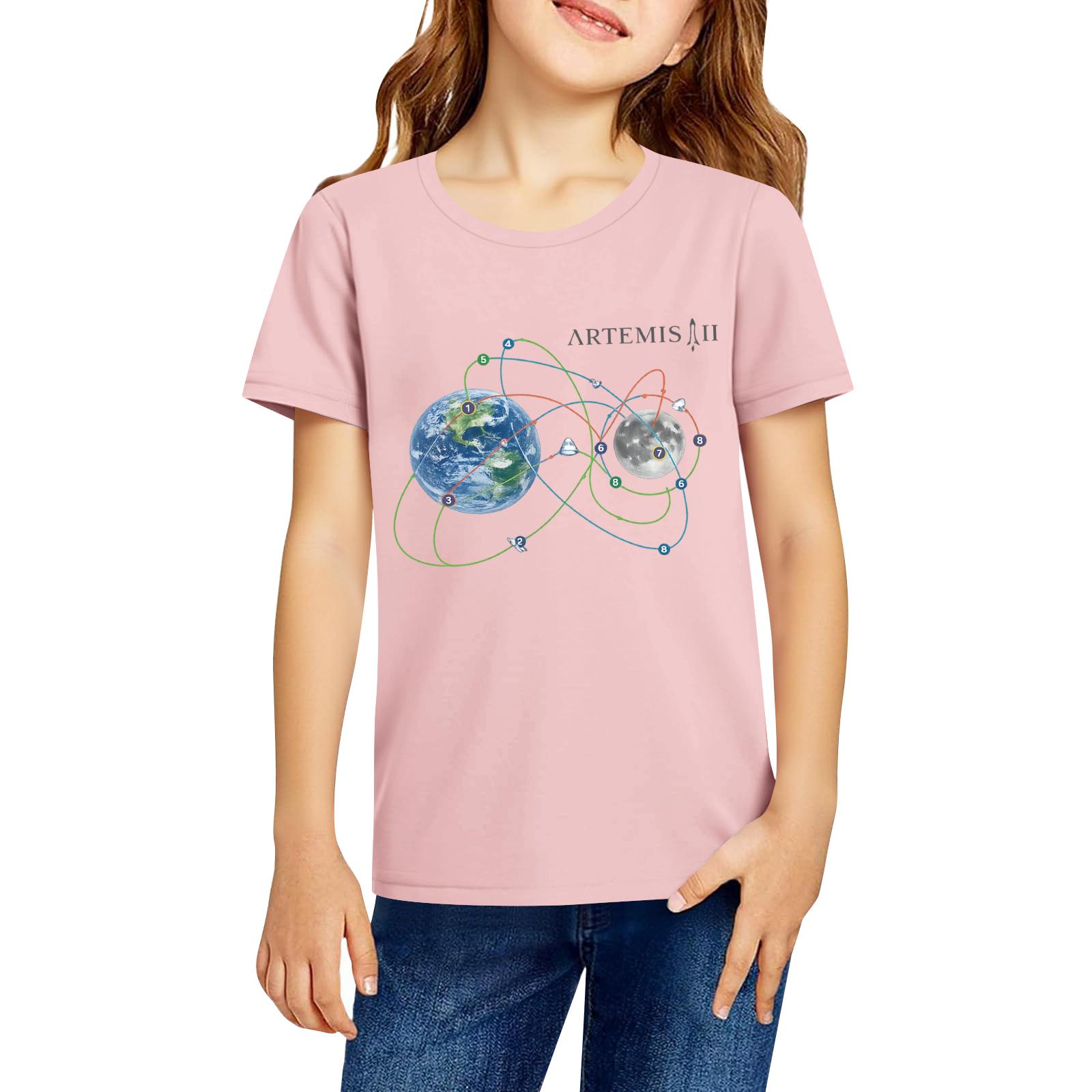 

Children s Casual Fashion Short Sleeve Top Artemis II Graphic Print Crew Neck Comfortable Fit Soft Fabric Durable Stitching Suitable for Everyday Wear 120 рожевий