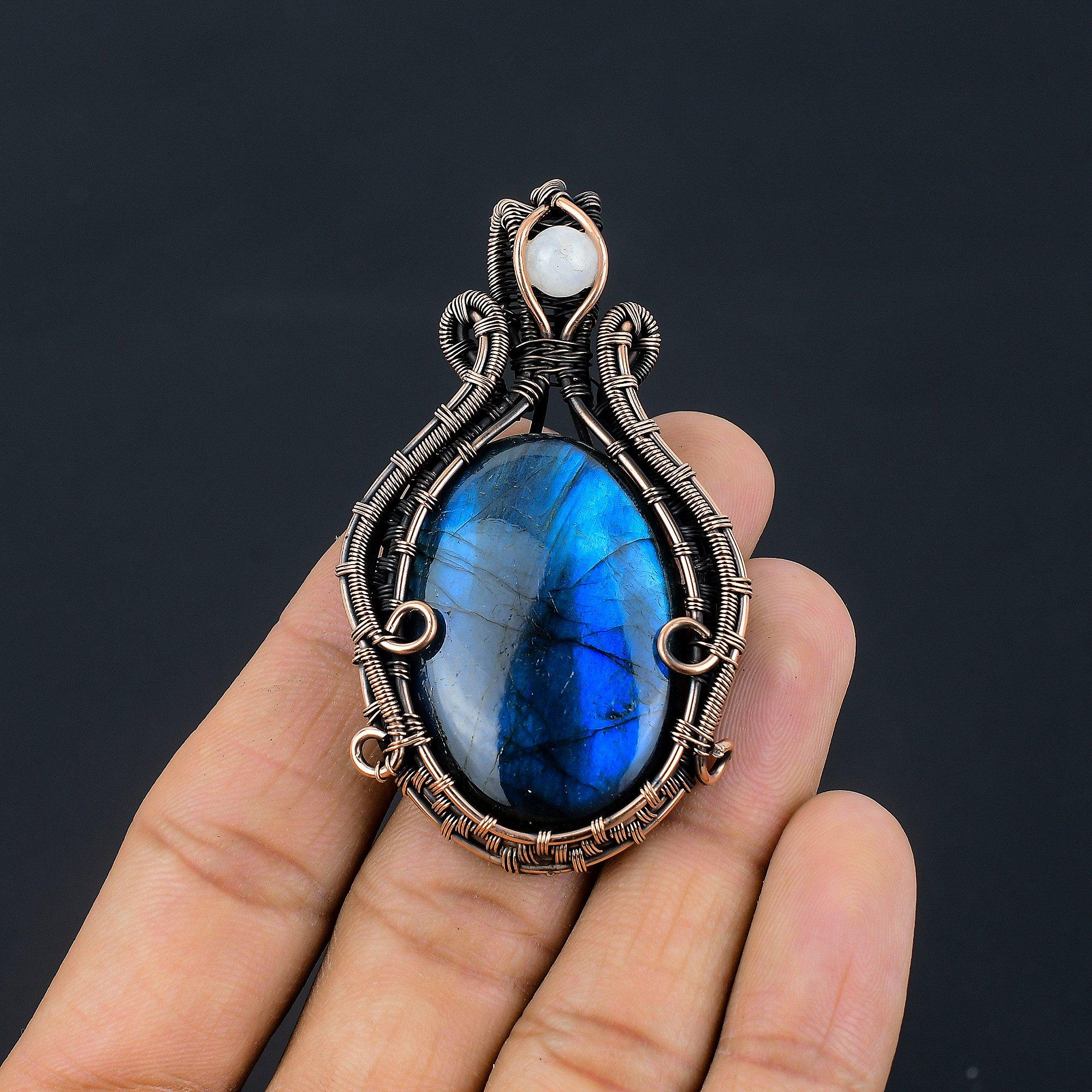 

Подвеска из лабрадорита, Подвеска ручной работы, обернутая медной проволокой 999 пробы, Антикварное украшение, Для подарка, Серебряное украшение 2.55 Inches