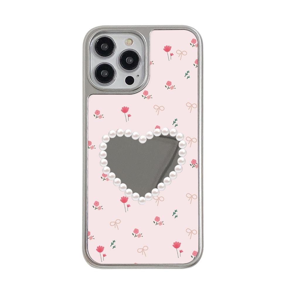 Huaqiang North French Love Pearl Bow Mirror Apple 17PM Mobile Phone Case iPhone13promax Case