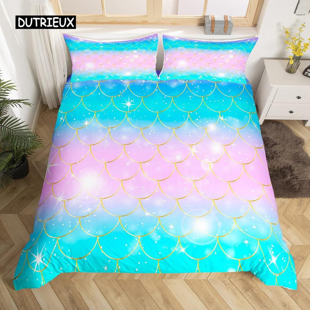 Fish Scales Duvet Cover Set Pink Fish Scales Pattern Colorful Twin Bedding Sets for Girls Women Microfiber 2/3Pieces Quilt Cover