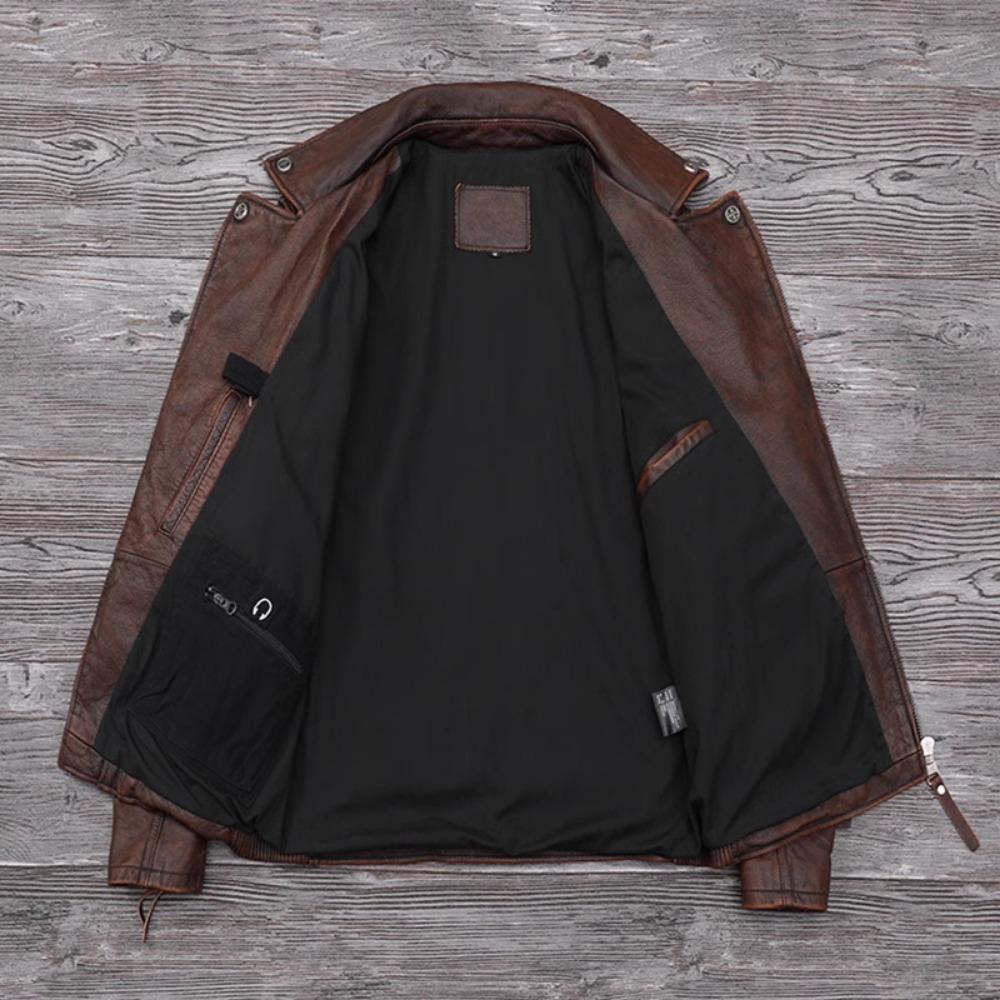Chinese Size Heavy Motorcycle Jacket Natural Cowhide Leather Top Layer Brown Causal Vintage Retro Moto Suit Leather Coat Winter
