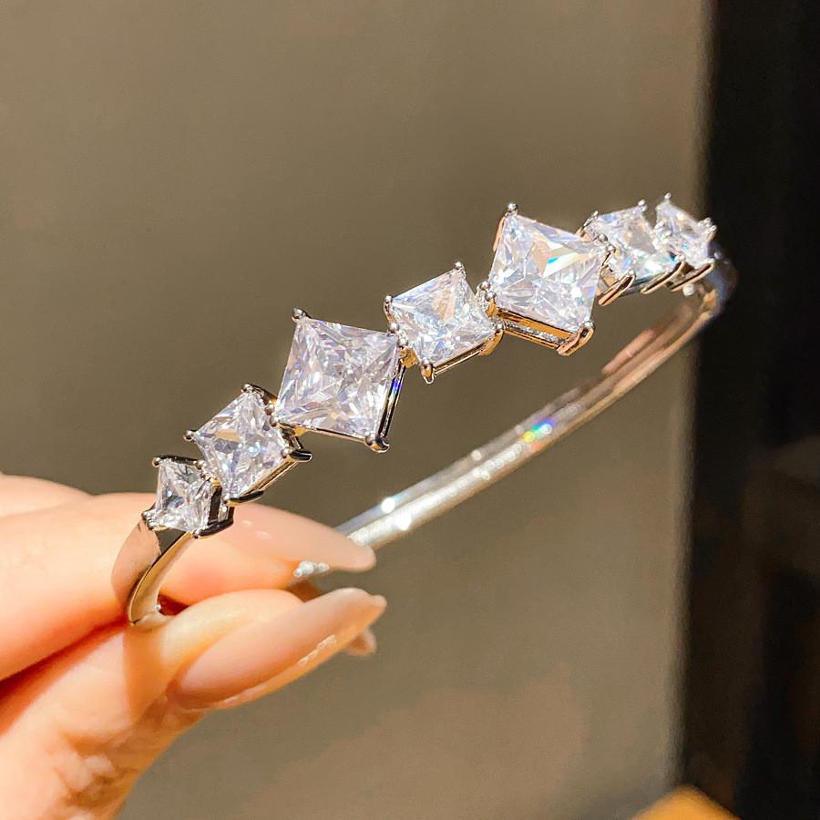 Zircon Irregular Square Cuff Bracelet In Silver For Fashionable Office Wear