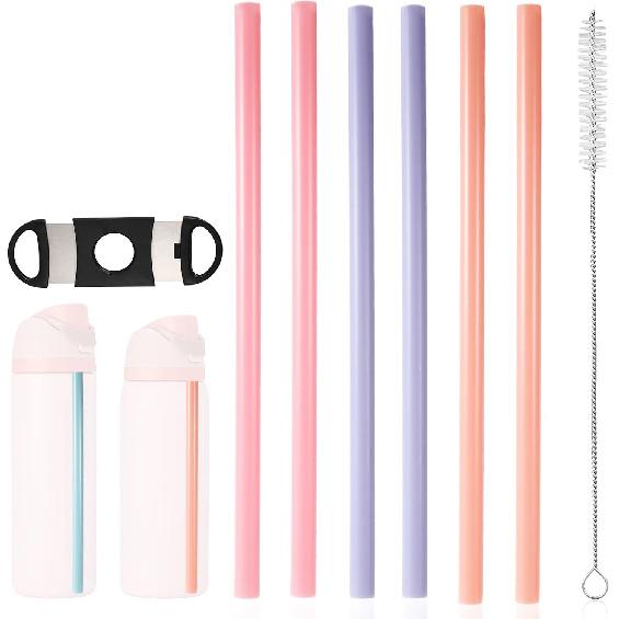 6pcs Replacement Straws for Owala FreeSip 24oz 32oz, 3 Colors Reble Plastic Straws with Cleaning Brush & Cutting Tool Water Bottle Tumbler Cleaner