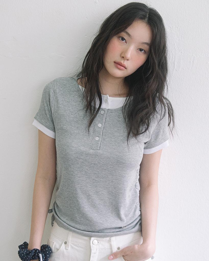 HAVISM Double Henley Neck S/S Tee(Grey)