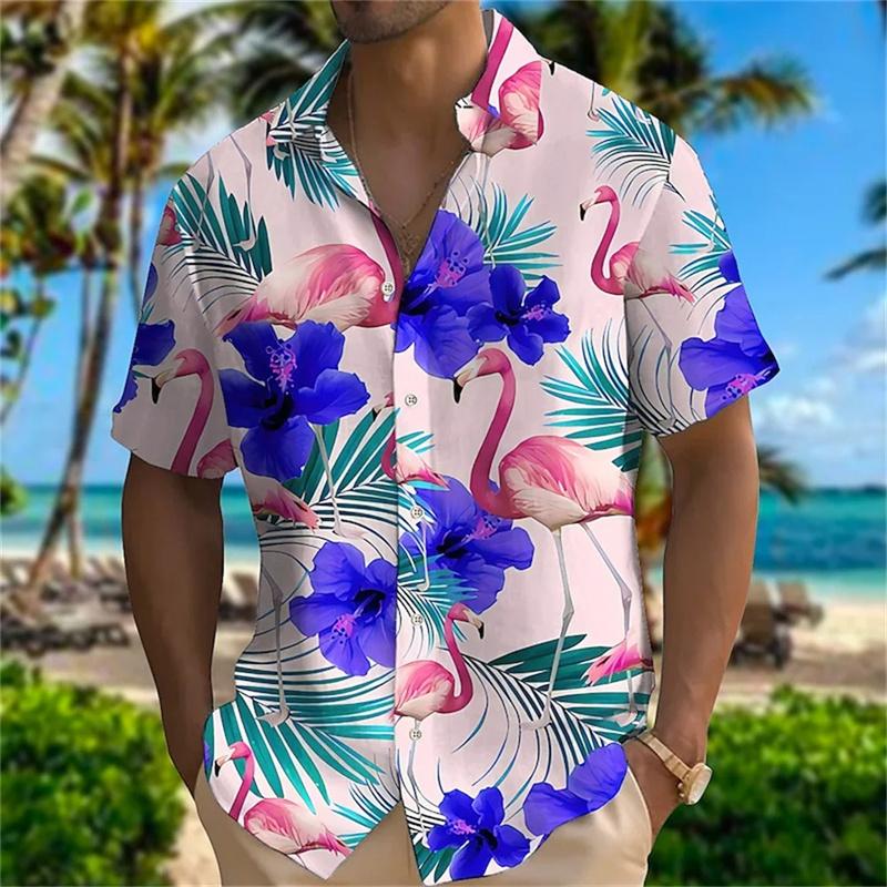 Summer Hawaiian 3D Animal Cranes Printing Shirts Palm Tree Graphic Short Shirts Men Fashion Harajuku Clothing Y2k Tops Blouses