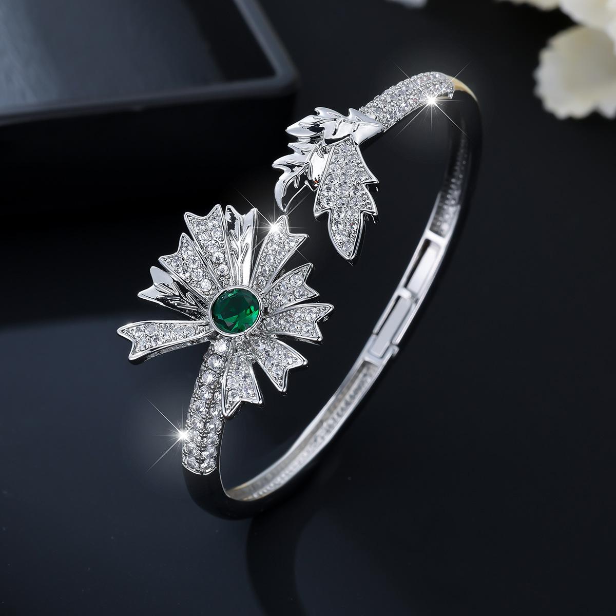 Premium Emerald Daisy Sunflower Open Adjustable Bracelet One Size(16-22CM)