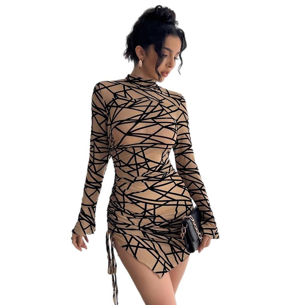 Autumn Winter Women Slim Fit Side Drawstring Small Stand Collar Long Sleeve Irregular Mini Dress Mature Style Retro Sexy Elegant Women Dress