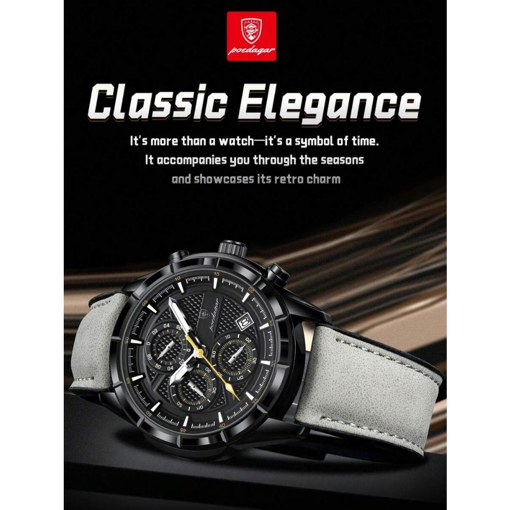 POEDAGAR 1pc Men's Fashion Casual Wristwatch, PU Leather Strap Quartz Watch,Waterproof Luminous Date Chronograph Design, Gift For Men