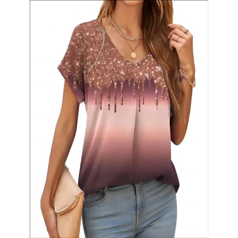 2026 New Summer Women T-shirt 3d Fashion Print Gradient Harajuku T Shirt Oversized Tee For Ladies Clothing New Short Sleeve V-Ne