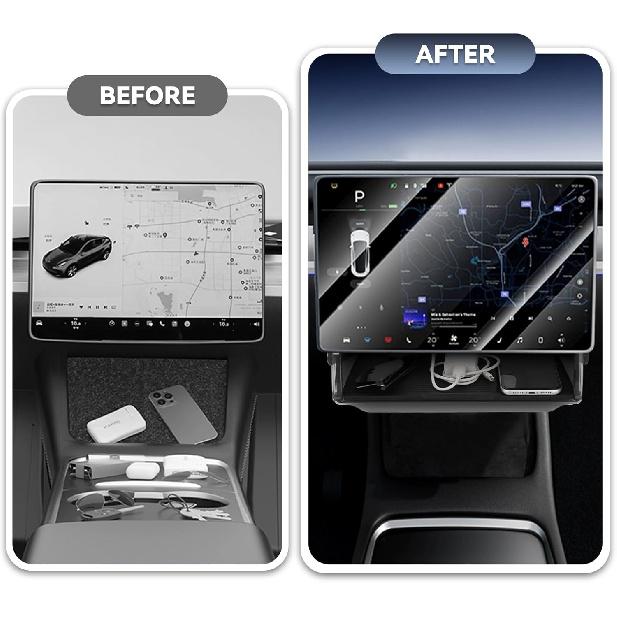 2025 Upgrade Under Screen Storage For Tesla -2025 Model Y - Model 3,Open And Close Center Console Organizer Tray With Anti-Slip Silicone Pad For