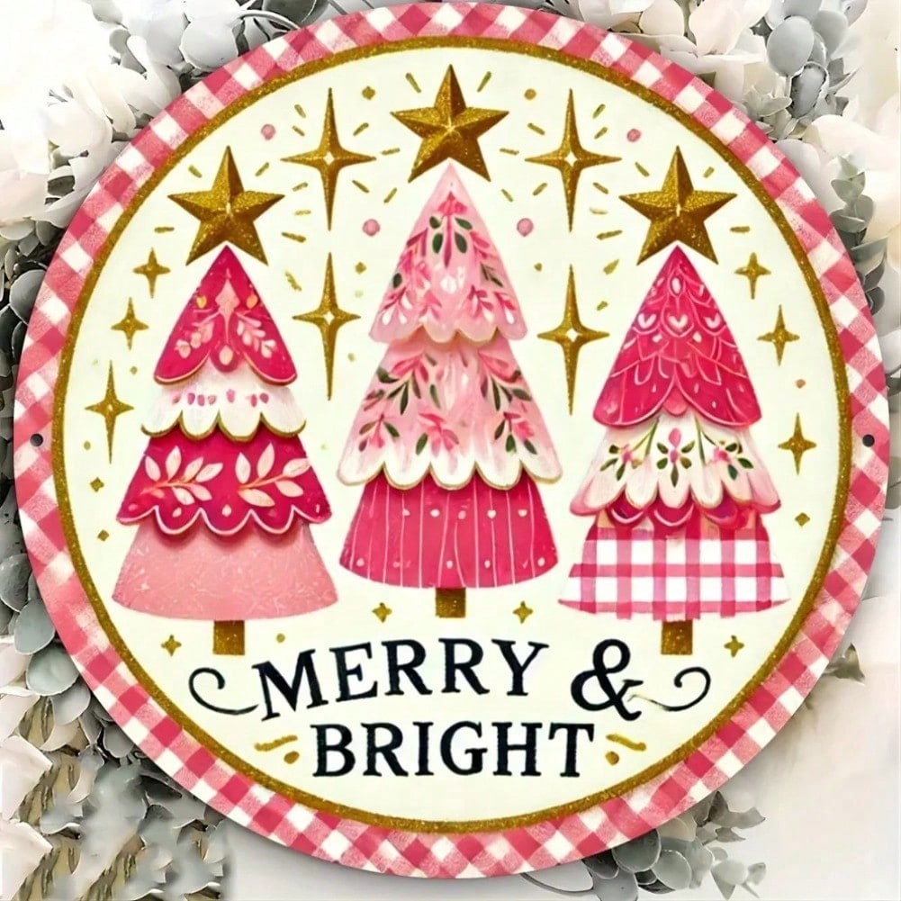 

Round Pink Christmas Tree Metal Sign, Gold Star Joyful Bright Decor, Festive Iron Wall Art for Home 20x20 різнокольоровий